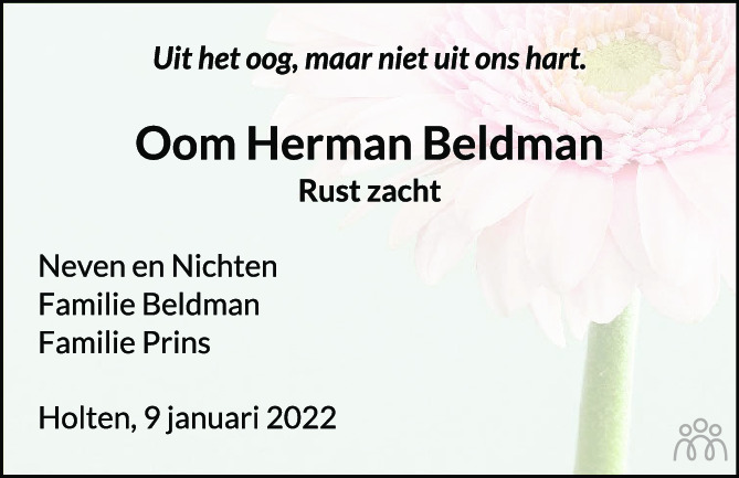Overlijdensbericht van Herman Beldman in Tubantia