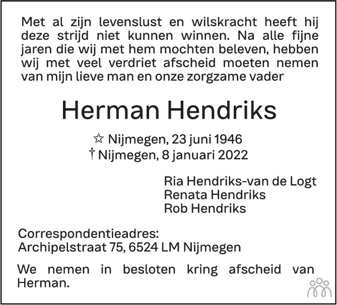 Overlijdensbericht van Herman Hendriks in de Gelderlander