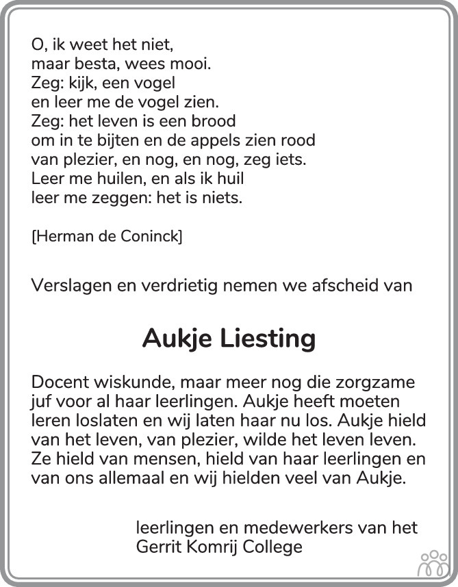 Overlijdensbericht van Aukje Liesting in de Gelderlander