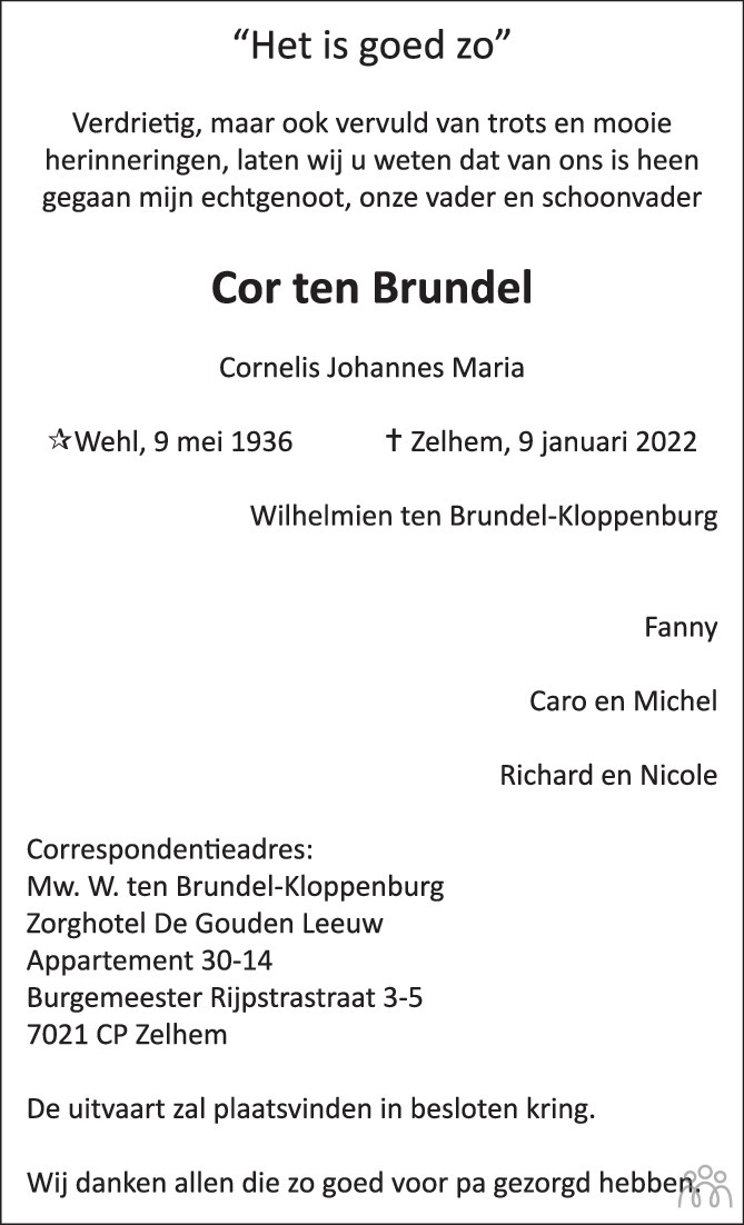 Overlijdensbericht van Cor (Cornelis Johannes Maria) ten Brundel in de Gelderlander