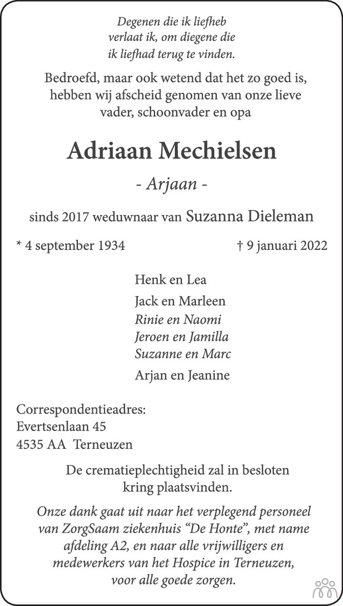 Overlijdensbericht van Adriaan (Arjaan) Mechielsen in PZC Provinciale Zeeuwse Courant