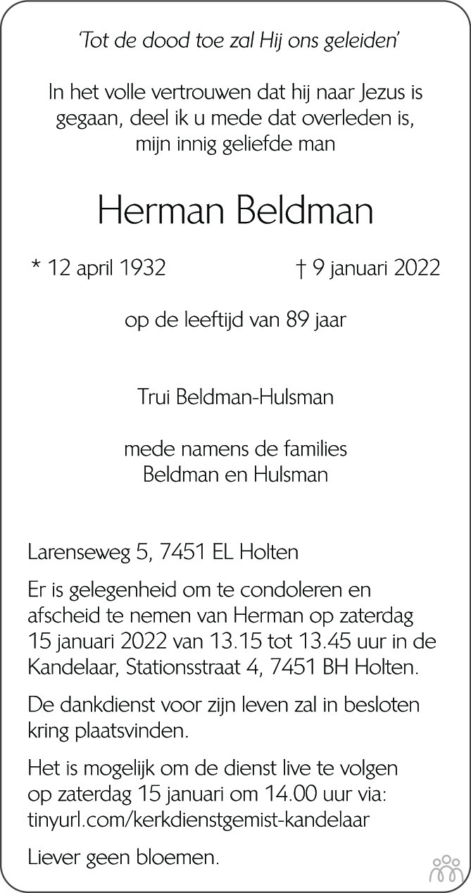 Overlijdensbericht van Herman Beldman in Tubantia