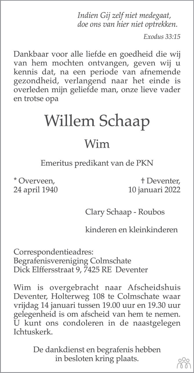 Overlijdensbericht van Willem (Wim) Schaap in Trouw