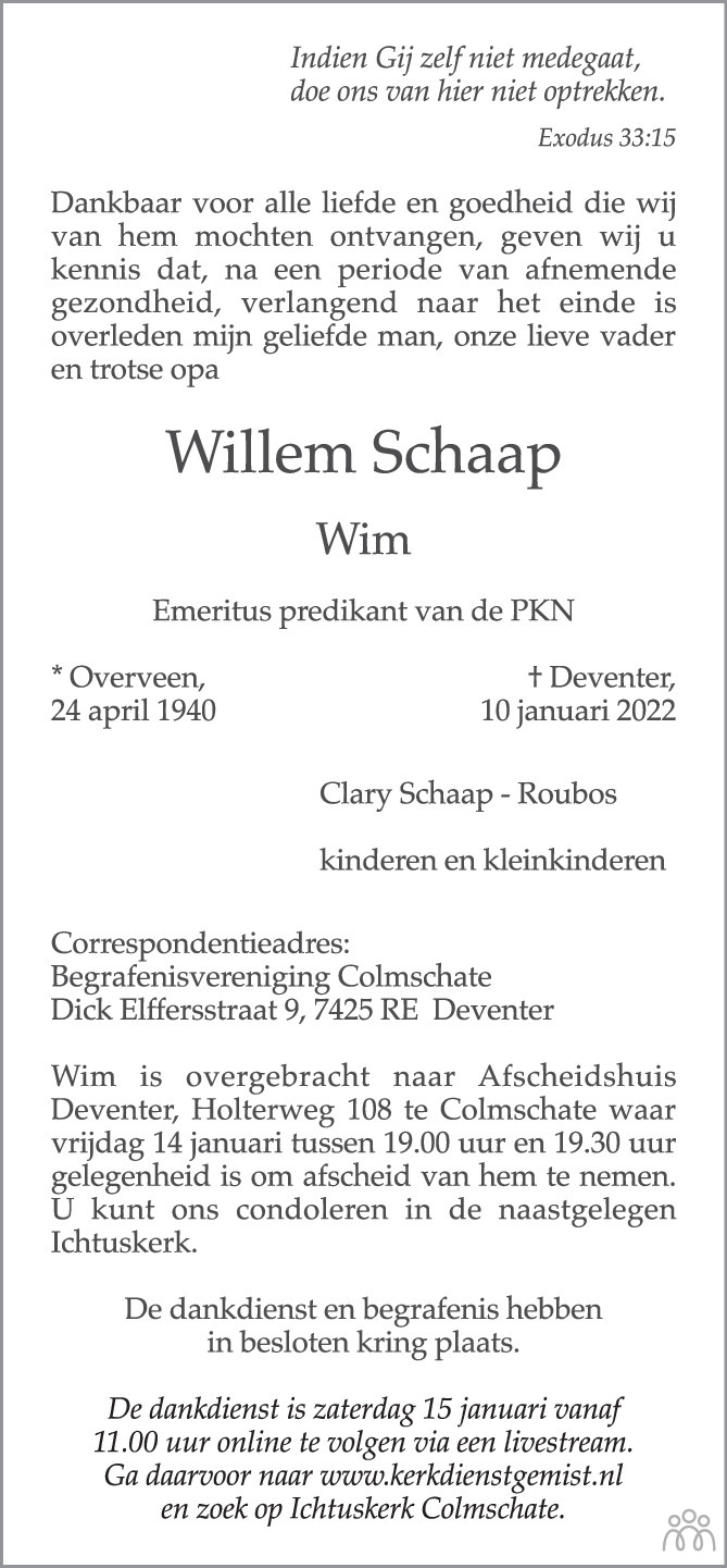 Overlijdensbericht van Willem (Wim) Schaap in de Stentor