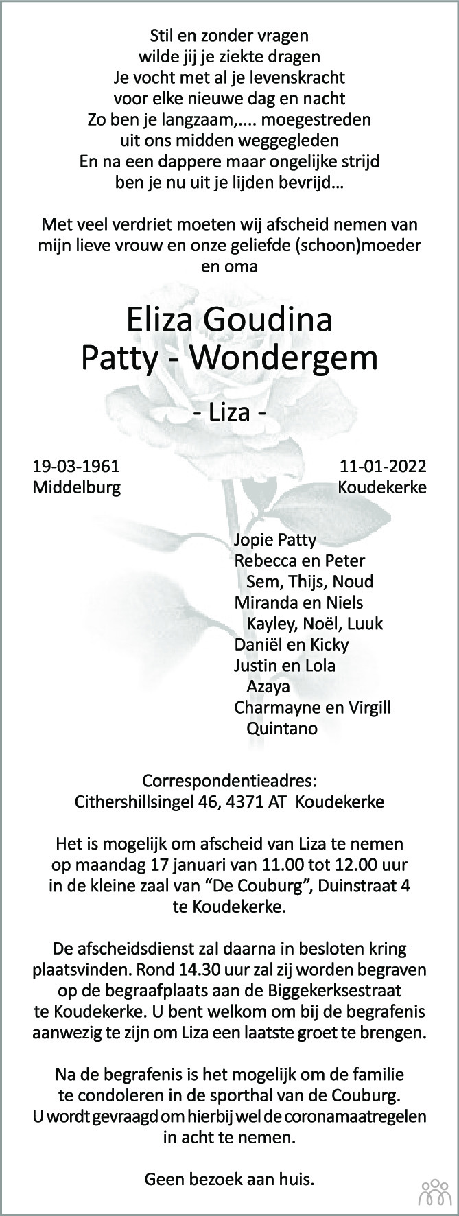 Overlijdensbericht van Eliza Goudina (Liza) Patty-Wondergem in PZC Provinciale Zeeuwse Courant