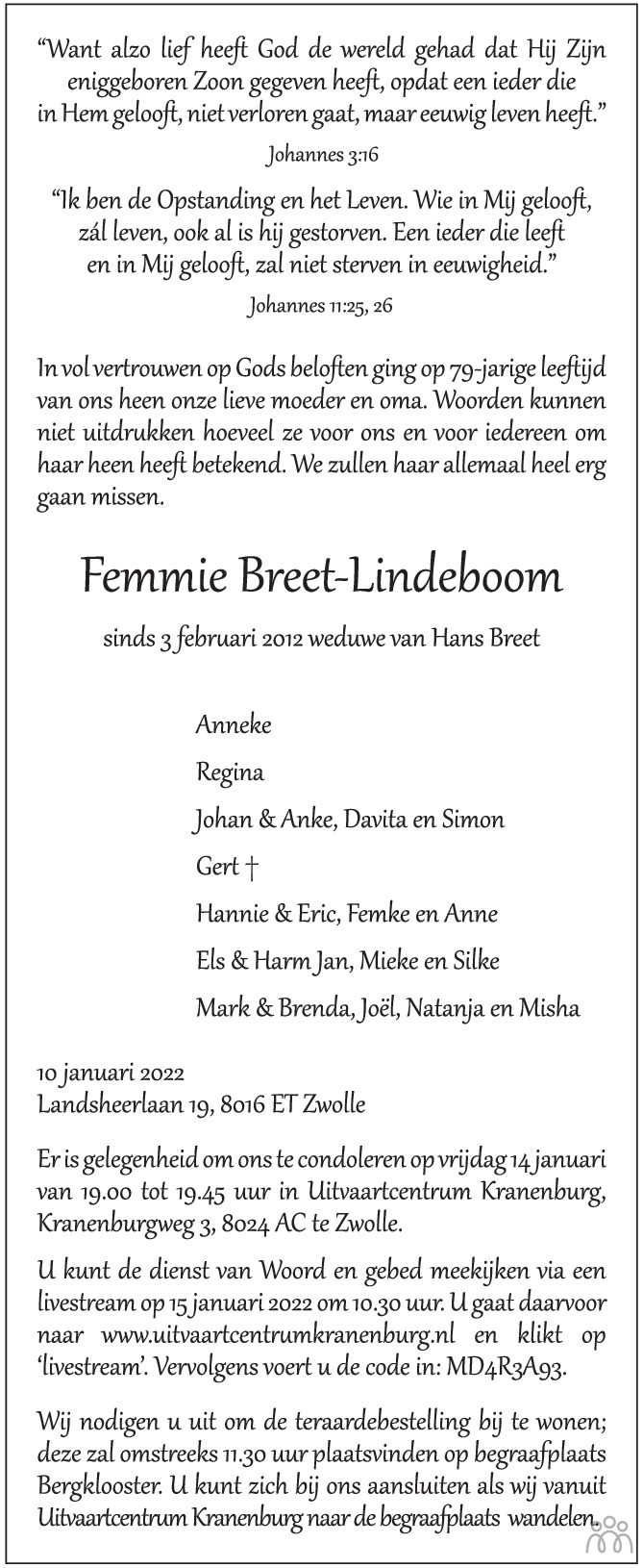 Overlijdensbericht van Femmie Breet-Lindeboom in de Stentor