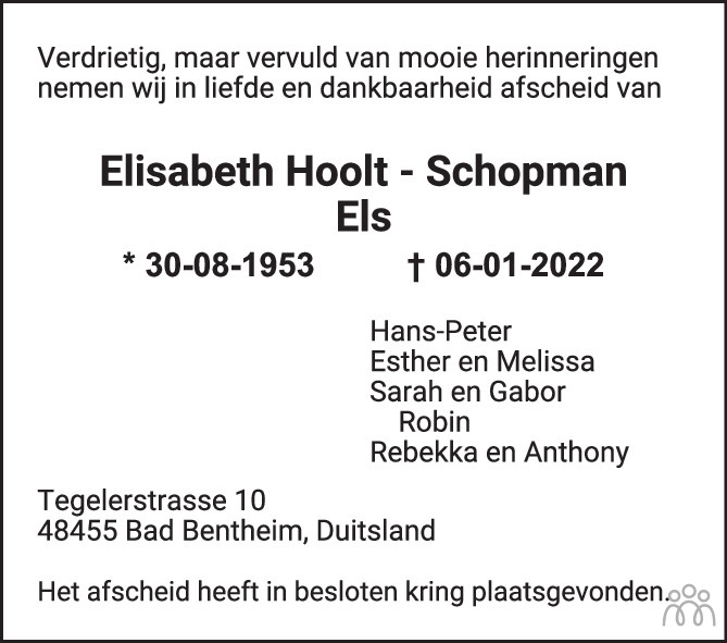 Elisabeth (Els) Hoolt-Schopman 06-01-2022 Overlijdensbericht En ...