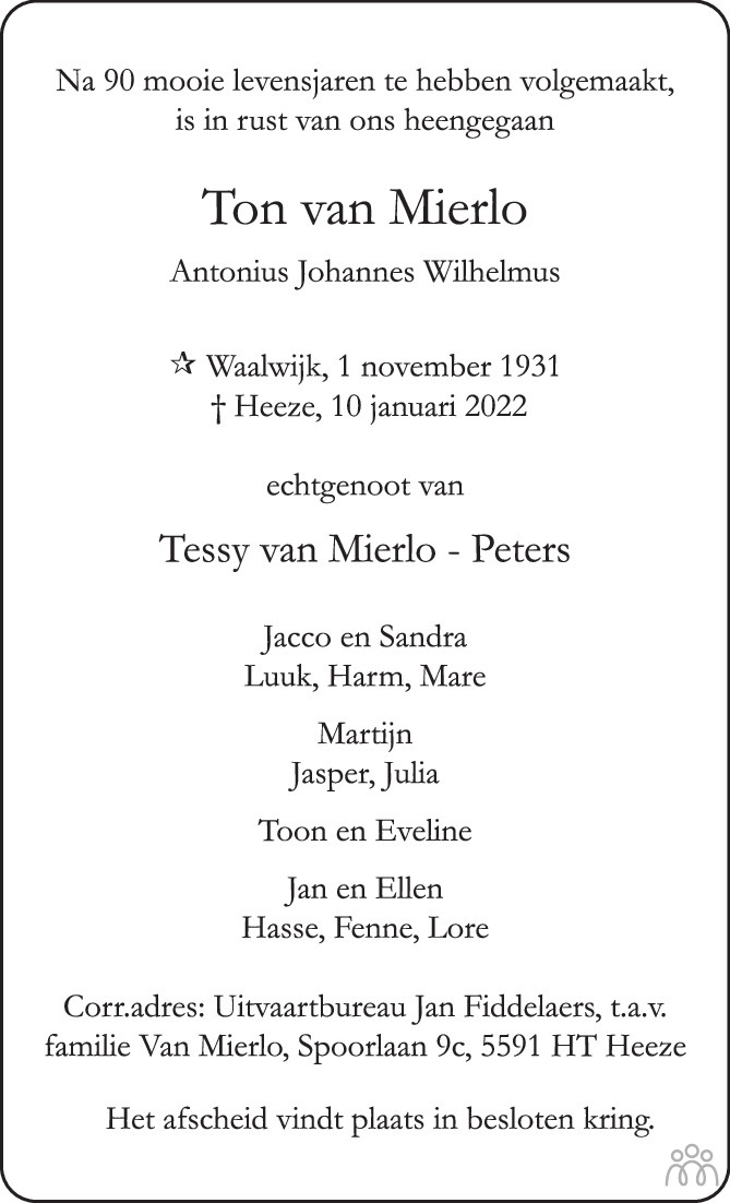 Overlijdensbericht van Ton (Antonius Johannes Wilhelmus) van Mierlo in Eindhovens Dagblad