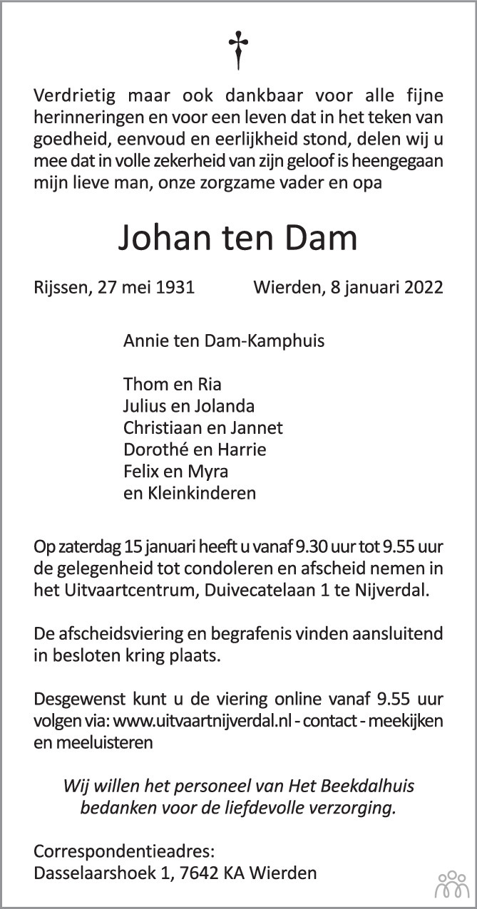 Overlijdensbericht van Johan ten Dam in Tubantia