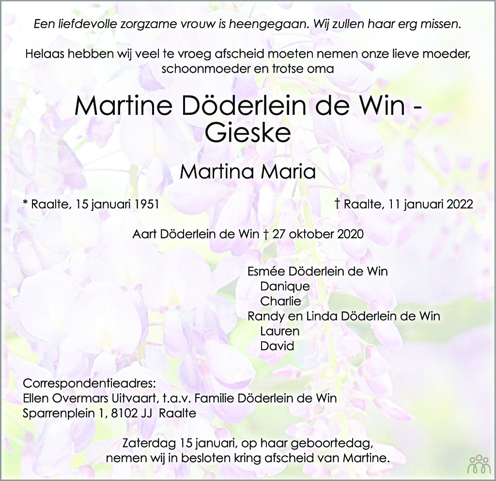 Overlijdensbericht van Martine (Martina Maria) Döderlein de Win-Gieske in de Stentor