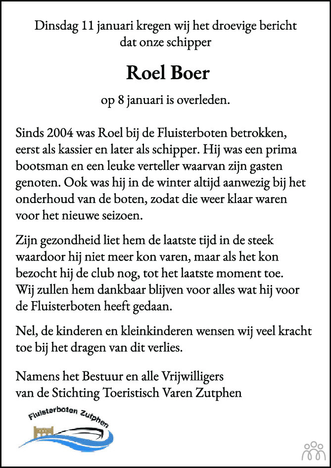 Overlijdensbericht van Roel Boer in de Stentor