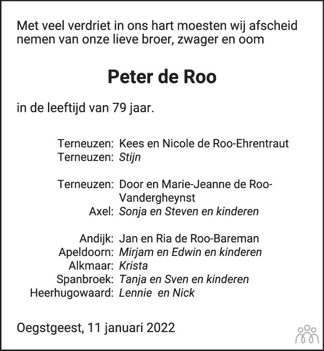 Overlijdensbericht van Peter de Roo in PZC Provinciale Zeeuwse Courant