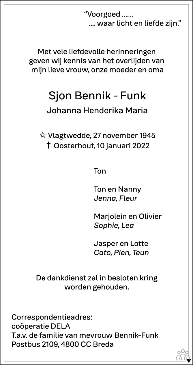Overlijdensbericht van Sjon (Johanna Henderika Maria) Bennik-Funk in BN DeStem