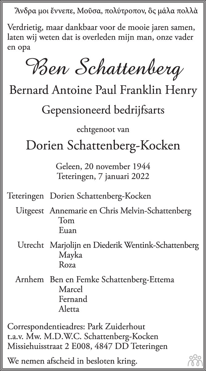 Overlijdensbericht van Ben (Bernard Antoine Paul Franklin Henry) Schattenberg in BN DeStem