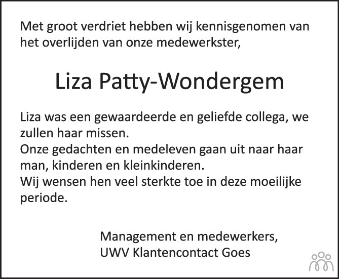 Overlijdensbericht van Eliza Goudina (Liza) Patty-Wondergem in PZC Provinciale Zeeuwse Courant