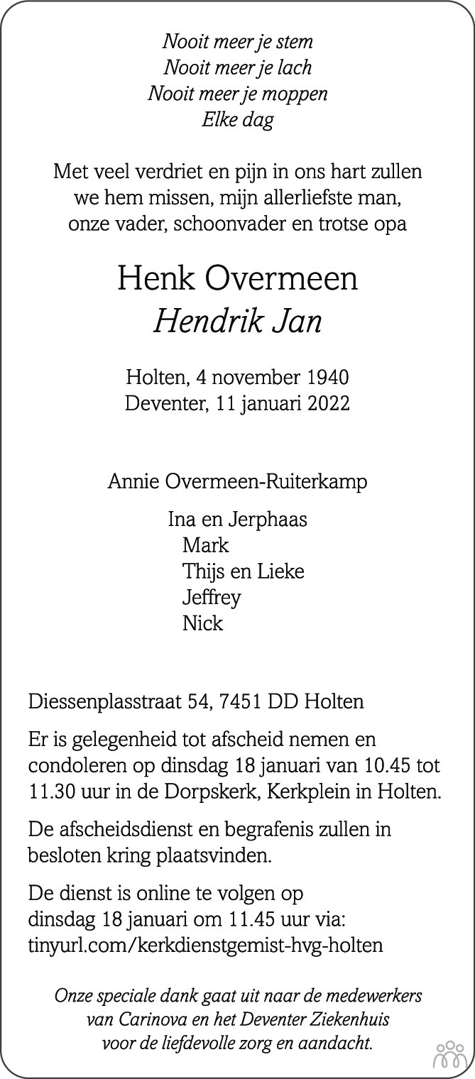 Overlijdensbericht van Henk (Hendrik Jan) Overmeen in de Stentor