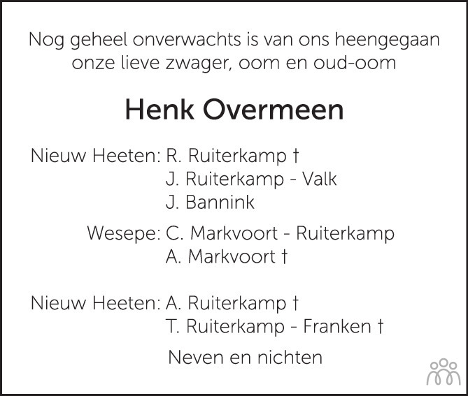 Overlijdensbericht van Henk (Hendrik Jan) Overmeen in de Stentor