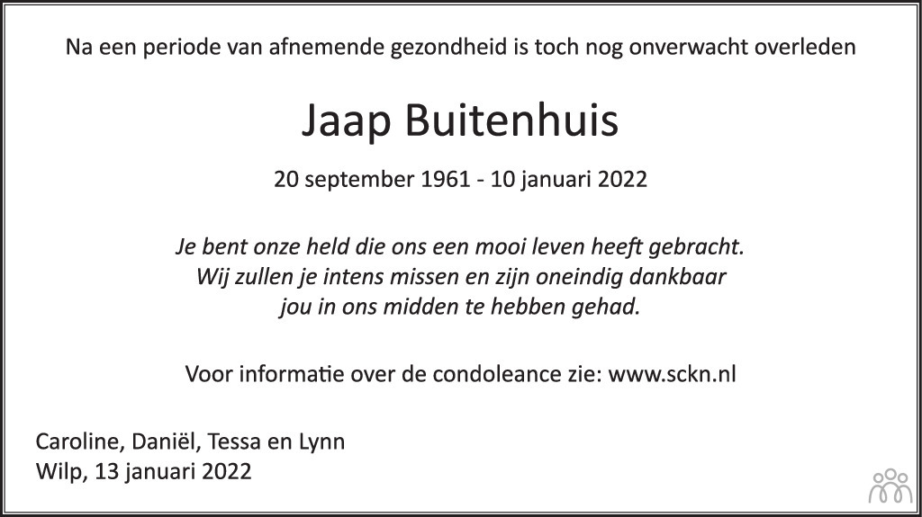 Overlijdensbericht van Jaap Buitenhuis in de Stentor