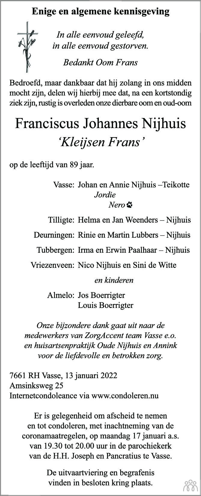 Overlijdensbericht van Franciscus Johannes Nijhuis in Tubantia