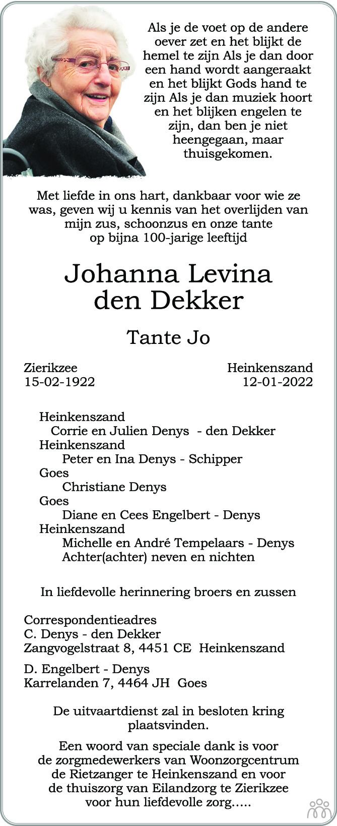 Overlijdensbericht van Jo (Johanna Levina) den Dekker in PZC Provinciale Zeeuwse Courant