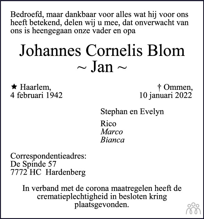 Overlijdensbericht van Johannes Cornelis (Jan) Blom in de Stentor