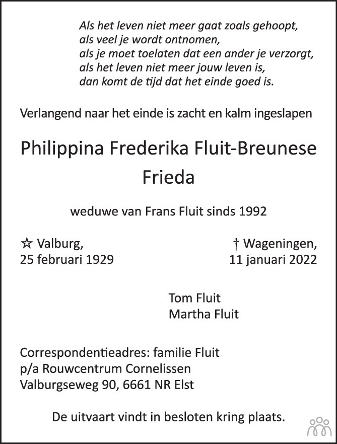 Overlijdensbericht van Philippina Frederika (Frieda) Fluit-Breunese in de Gelderlander