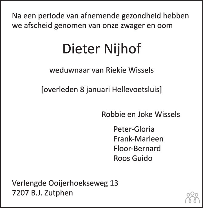 Overlijdensbericht van Dieter Nijhof in de Stentor