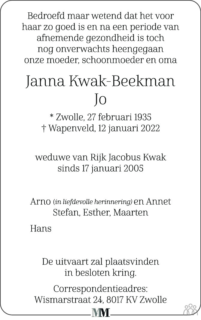 Overlijdensbericht van Janna (Jo) Kwak-Beekman in de Stentor