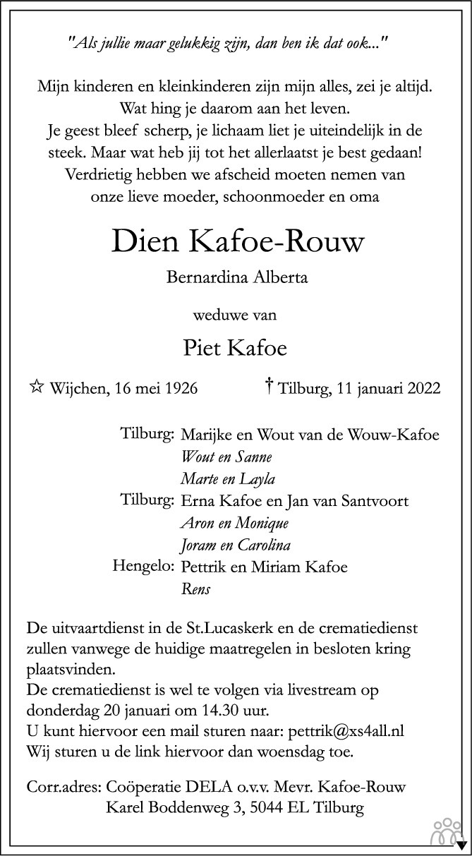 Overlijdensbericht van Dien (Bernardina Alberta) Kafoe-Rouw in Brabants Dagblad