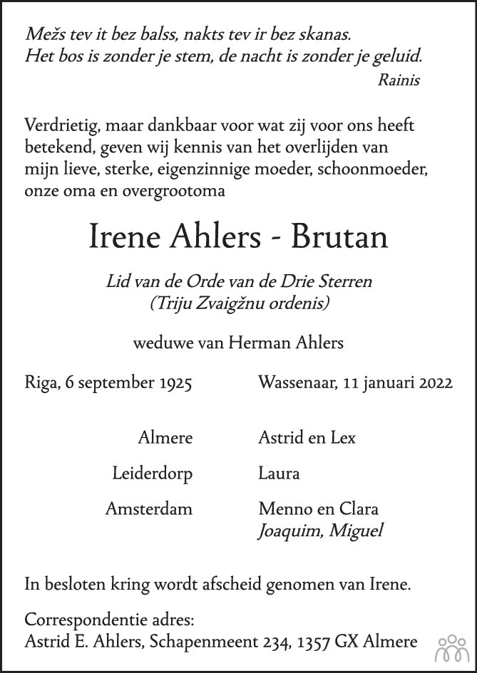 Overlijdensbericht van Irene Ahlers-Brutan in de Volkskrant