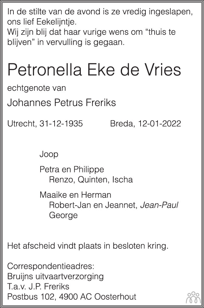 Overlijdensbericht van Petronella Eke Freriks-de Vries in BN DeStem