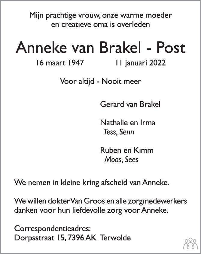 Overlijdensbericht van Anneke van Brakel-Post in de Stentor