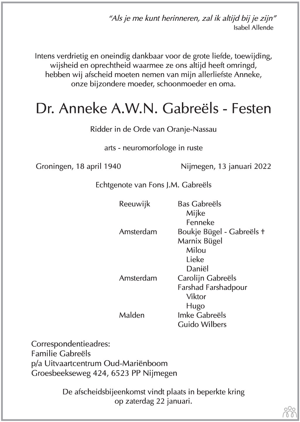 Overlijdensbericht van Anneke A.W.N. Gabreëls-Festen in de Gelderlander