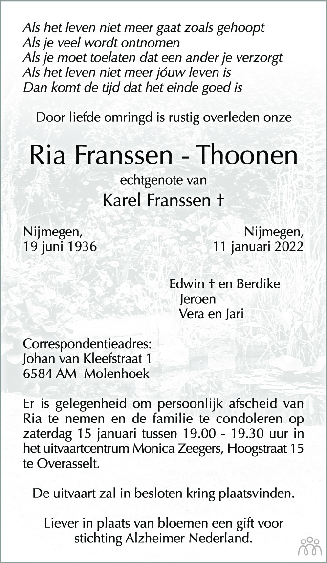 Overlijdensbericht van Ria Franssen-Thoonen in de Gelderlander