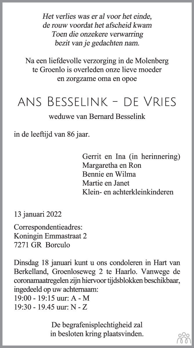Overlijdensbericht van Ans Besselink-de Vries in de Stentor