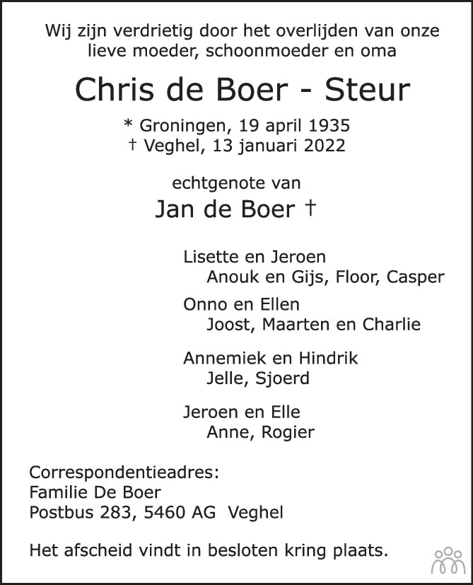 Overlijdensbericht van Chris de Boer-Steur in Brabants Dagblad