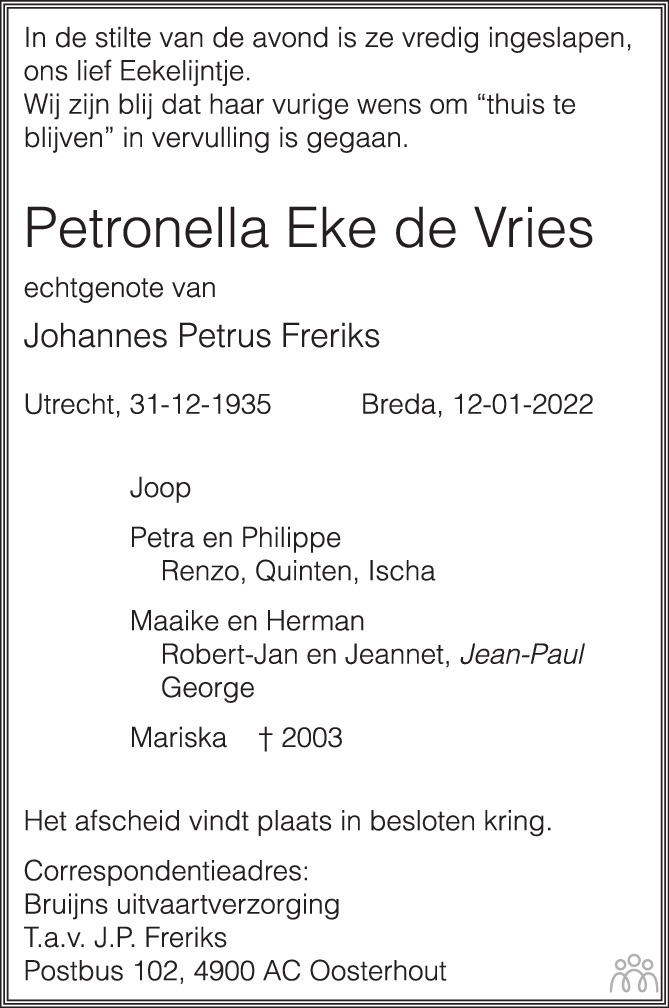 Overlijdensbericht van Petronella Eke Freriks-de Vries in BN DeStem