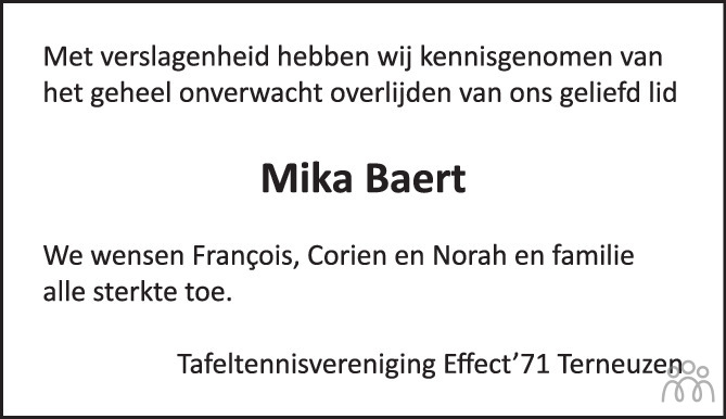 Overlijdensbericht van Mika Baert in PZC Provinciale Zeeuwse Courant
