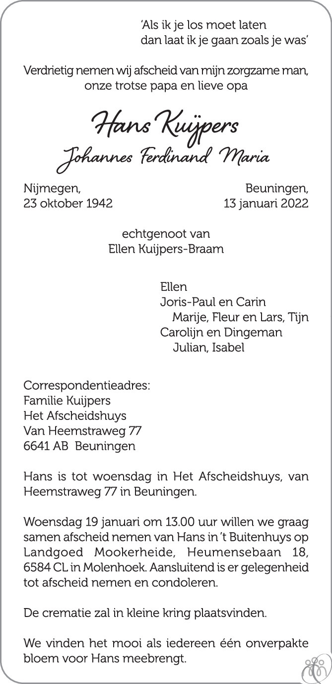Overlijdensbericht van Hans (Johannes Ferdinand Maria) Kuijpers in de Gelderlander
