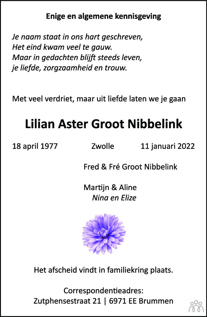 Overlijdensbericht van Lilian Aster Groot Nibbelink in de Stentor
