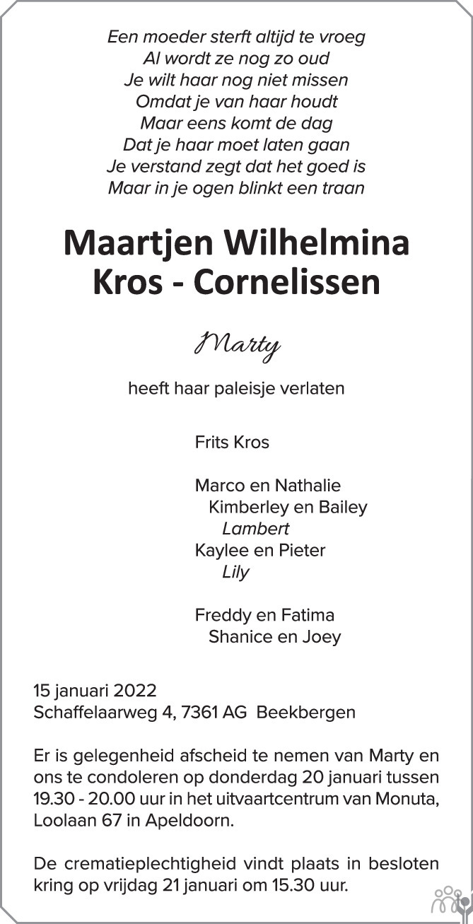 Overlijdensbericht van Maartjen Wilhelmina (Marty) Kros-Cornelissen in de Stentor