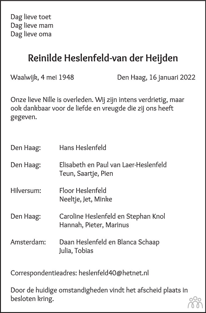 Overlijdensbericht van Reinilde Heslenfeld-van der Heijden in de Volkskrant