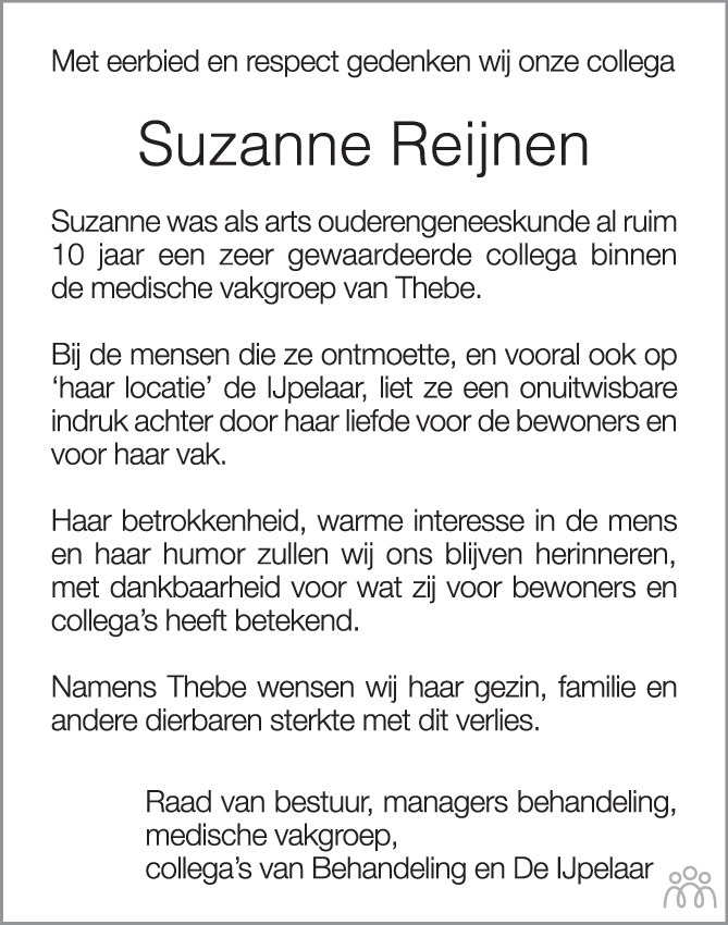 Overlijdensbericht van Suzanne Reijnen in BN DeStem
