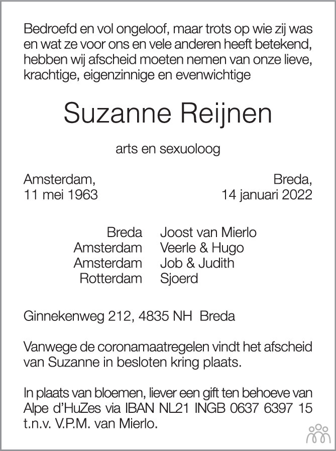 Overlijdensbericht van Suzanne Reijnen in BN DeStem