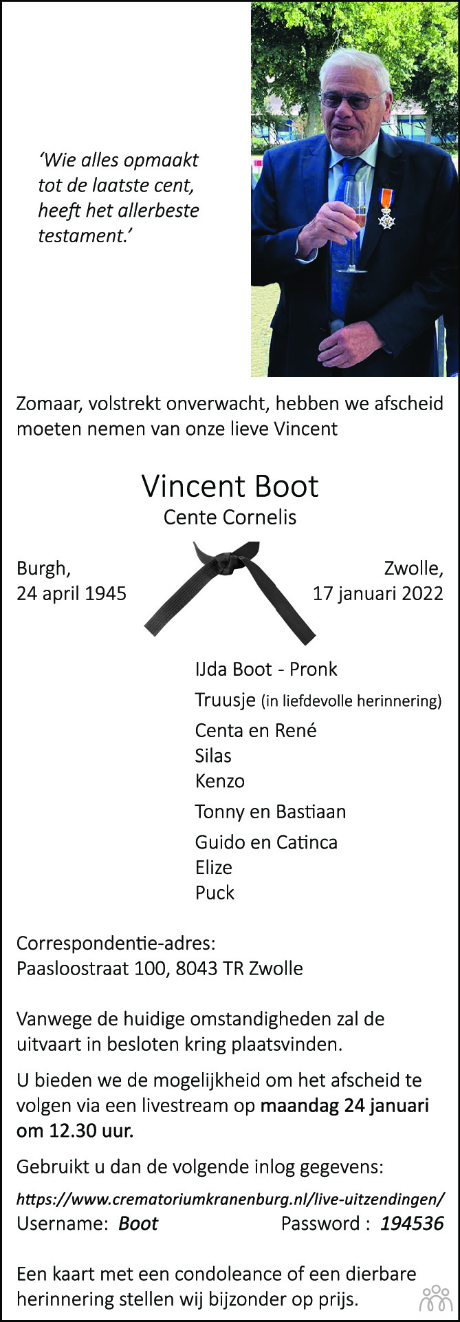 Overlijdensbericht van Vincent (Cente Cornelis) Boot in de Stentor