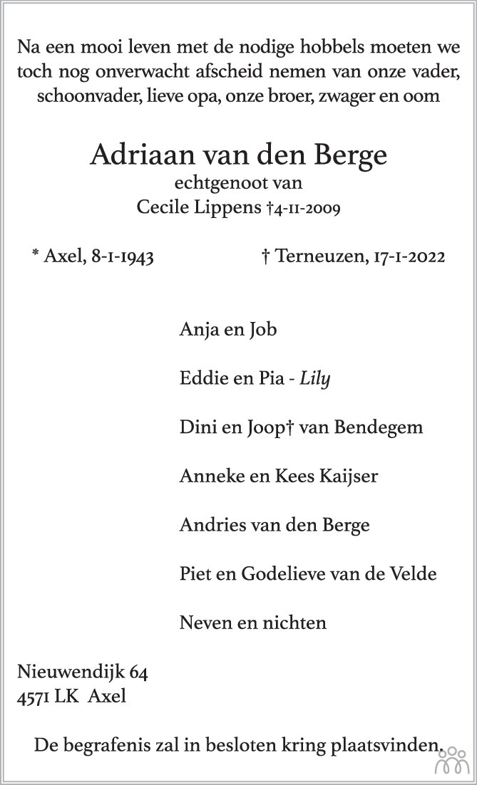 Overlijdensbericht van Adriaan van den Berge in PZC Provinciale Zeeuwse Courant