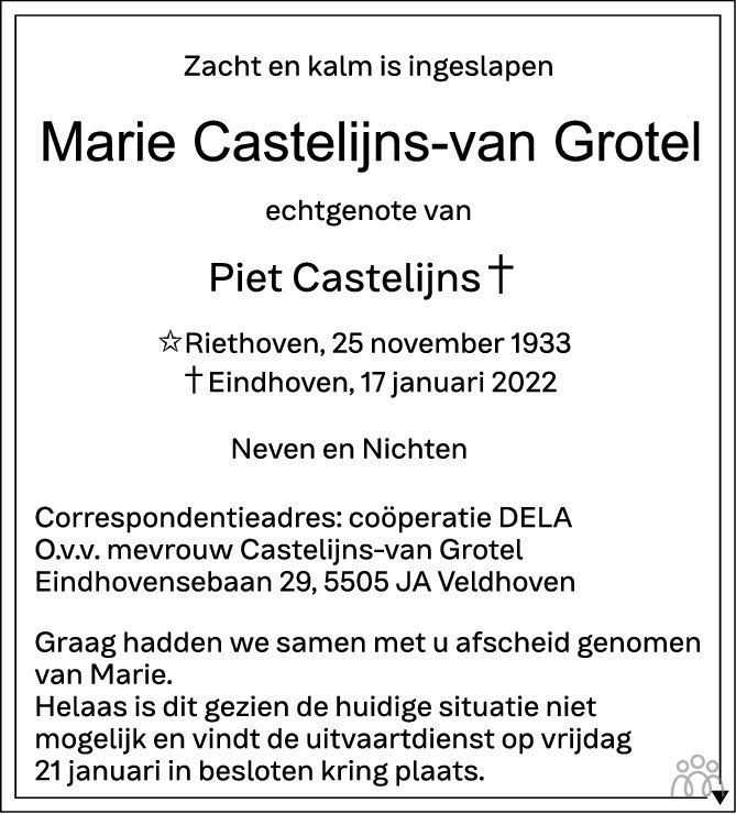 Overlijdensbericht van Marie Castelijns-van Grotel in Eindhovens Dagblad