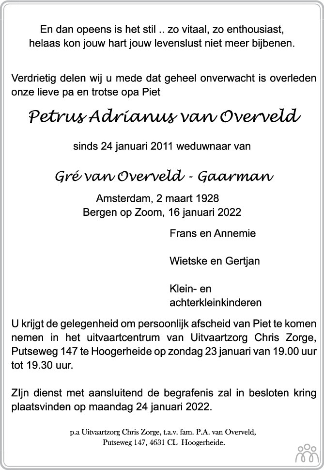 Petrus Adrianus van Overveld 16-01-2022 overlijdensbericht en ...