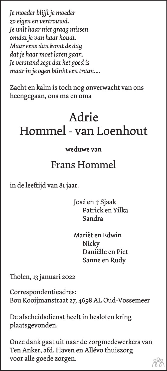 Overlijdensbericht van Adrie Hommel-van Loenhout in BN DeStem