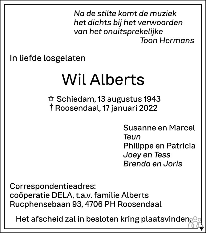 Overlijdensbericht van Wil Alberts in BN DeStem